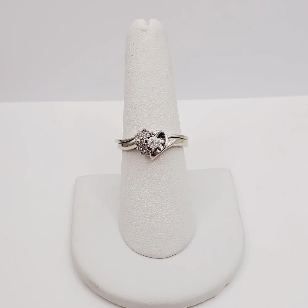 10k Solid White Gold Genuine Round & Baguette Diamond Heart Wedding Ring Set